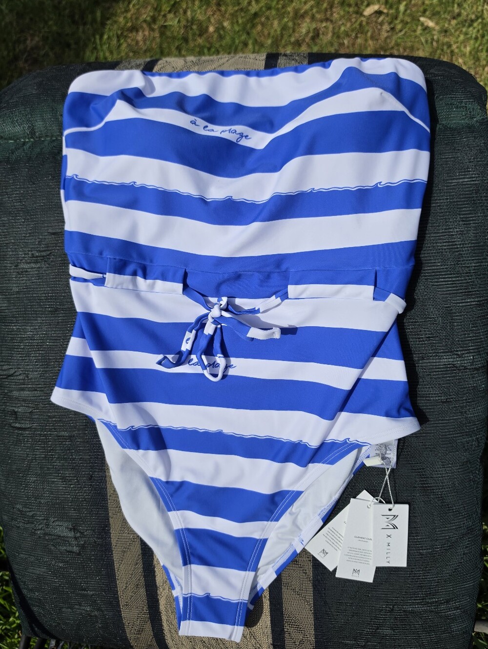 NEW Milly A La plage Belted One Piece Strapless Blue & White Swimsuit with Tie L